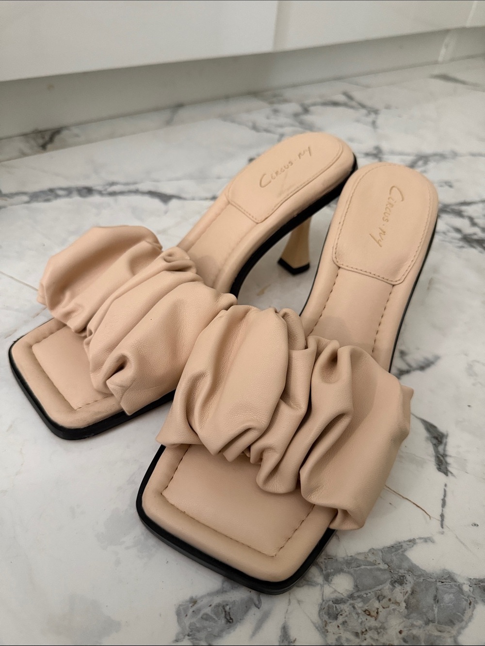 Casualmy Beige Ruched Square-Toe Heeled Slides